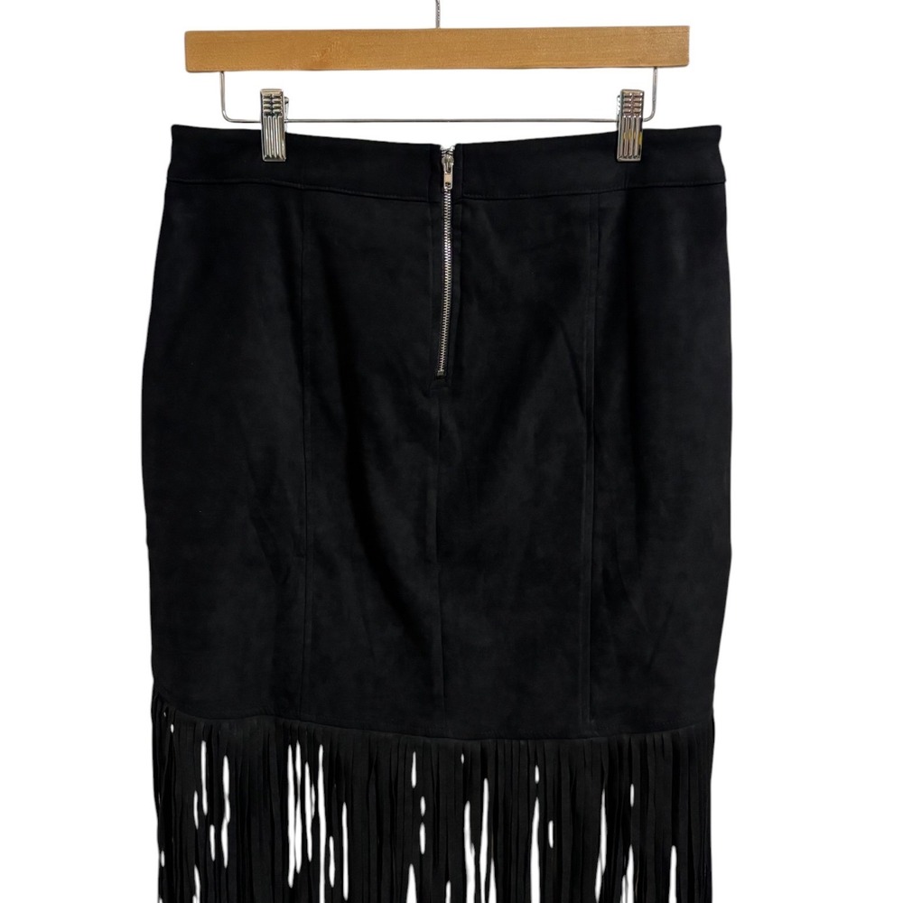 Rockin G Black Faux Suede Long Fringe Western Boho Festival Midi Skirt Large - Picture 9 of 11